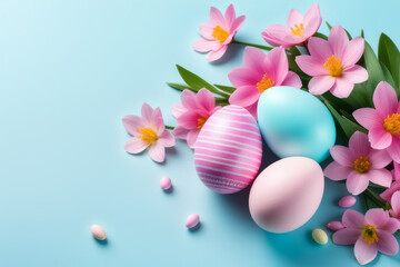 Fototapeta na wymiar Colorful Easter eggs and blooming pink flowers on light blue background.