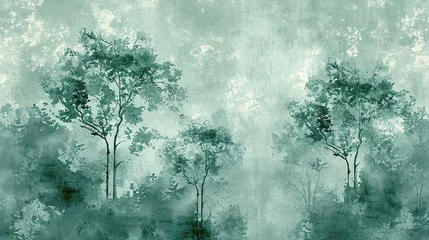 Fotobehang Water color Trees on a grunge texture background, wallpaper for interiors. green wallpaper for interior © Ron