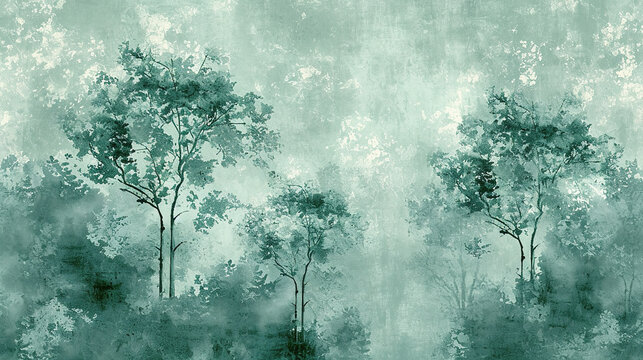 Fototapeta Water color Trees on a grunge texture background, wallpaper for interiors. green wallpaper for interior