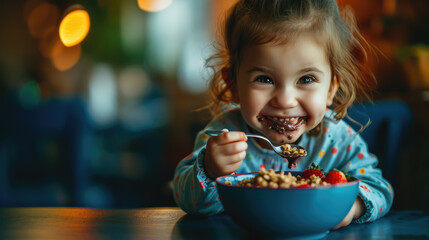 Child eating açaí in bowl with crunchy granola and fresh fruits smearing himself with fun. - Powered by Adobe
