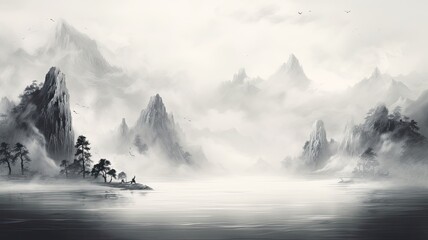 Zen with turbulent water, applying a Chinese white art effect for a bold and impactful ink painting, against a clean white background to enhance visual contrast.