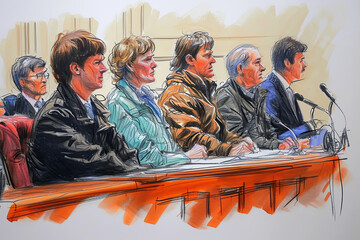 An artist impression sketch of a person on trial in a courtroom