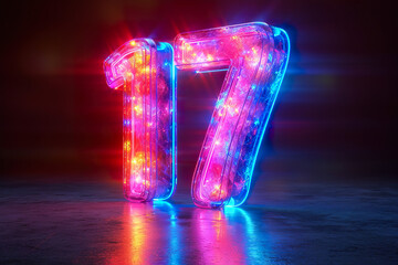 Number 17 - colorful glowing outline alphabet symbol on blue lens flare dark background - obrazy, fototapety, plakaty