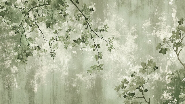 Fototapeta Tree leaves on a grunge texture background, wallpaper for interiors. Vintage green wallpaper for classical design interior design or oriental design