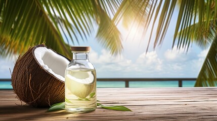 a glass bottle filled with coconut oil placed on a wooden table against the backdrop of a natural coconut plantation, healthy natural foods and cooking oil with the focus on the coconut flowers.