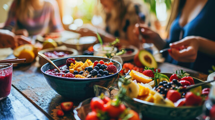 Breakfast table set with fresh fruits for healthy family. - obrazy, fototapety, plakaty