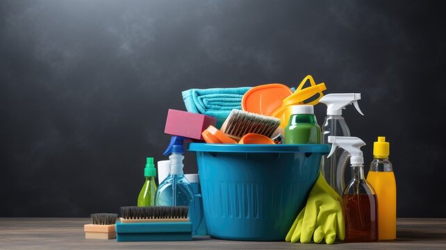 a bucket filled with cleaning supplies placed on a table against a grey background, creating a visually appealing composition, ample space for text to convey a cleaning-related message or branding.