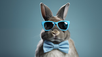 Adorable brown and white bunny wearing blue sunglasses and bow tie