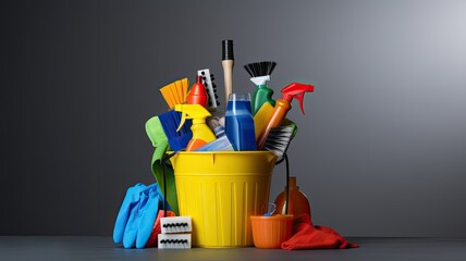 a bucket filled with cleaning supplies placed on a table against a grey background, creating a visually appealing composition, ample space for text to convey a cleaning-related message or branding.