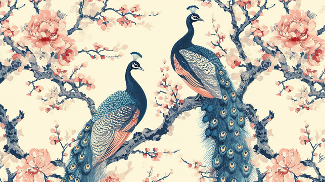 Fototapeta Peacock bird on the branch Chinoiserie pattern. Fresco wallpaper for interior