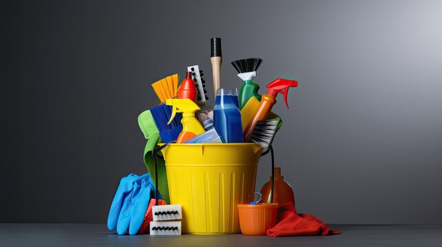 a bucket filled with cleaning supplies placed on a table against a grey background, creating a visually appealing composition, ample space for text to convey a cleaning-related message or branding.