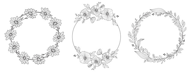 Set of hand drawn flower wreath. Vector floral frame in doodle style. Wedding monogram flourish frame isolated on white background. Outline border with wild flowers, meadow herbs and branches