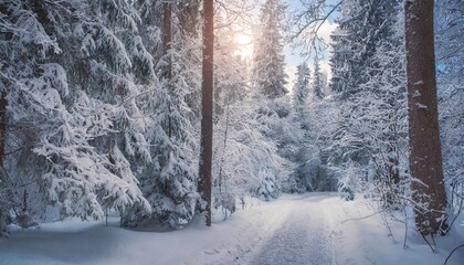 A forest road among tall snow-covered trees on a frosty day