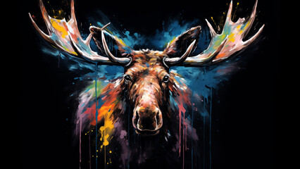 moose from front, all recovered of different paint brushes colors, black background , painting style