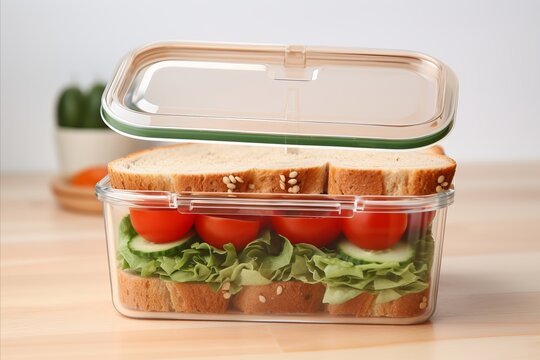 Healthy plastic lunch box with sandwich, fruits and veggies for kids meal or snack time