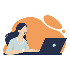 Office lady. Flat vector illustration of a beautiful woman sitting at the desk and typing on laptop. Banner background template. 