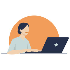 Office lady. Flat vector illustration of a beautiful woman sitting at the desk and typing on laptop. Banner background template. 