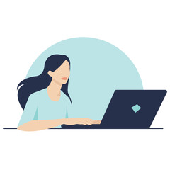 Office lady. Flat vector illustration of a beautiful woman sitting at the desk and typing on laptop. Banner background template. 