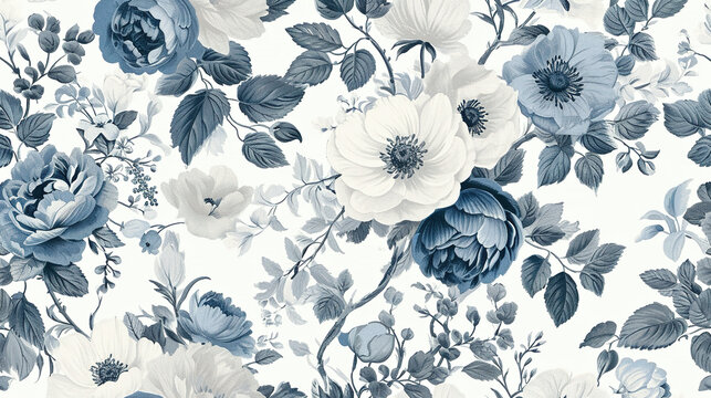 blue and white flowers Chinoiserie pattern. Fresco wallpaper for interior