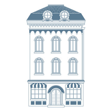 European Tenement house. Vector illustration of old historical town house in minimalistic flat line technique. Simple line design. Black and white
