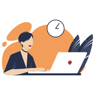 Office lady. Flat vector illustration of a beautiful woman sitting at the desk and typing on laptop. Banner background template. 