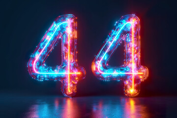 Number 44 - colorful glowing outline alphabet symbol on blue lens flare dark background - obrazy, fototapety, plakaty
