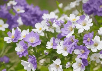 Purple and white flowers on a warm spring day