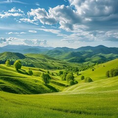 panorama of beautiful countryside of romania. sunny afternoon. wonderful springtime landscape in mountains. grassy field and rolling hills. rural scenery panorama of beautiful countryside of romania. 