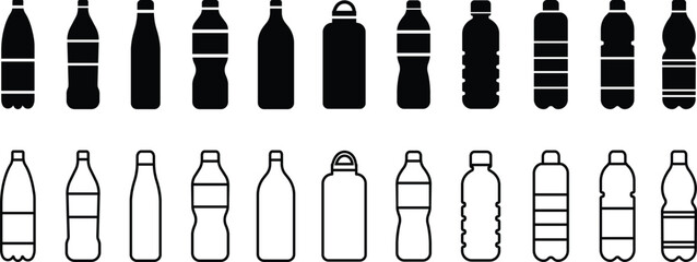 Plastic bottle icon in flat, line style set. isolated on transparent background. design Plastic water bottle. collection for a Container water bottle sign vector for apps and website - obrazy, fototapety, plakaty