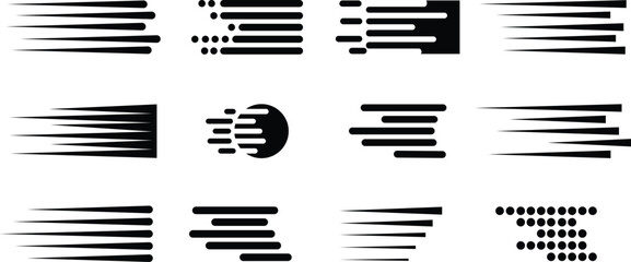 Comic speed motion lines icon set black linear vector collection isolated on transparent background. Speed, improvements, charts, boost, power, and more. Simple line with motion effect. - obrazy, fototapety, plakaty