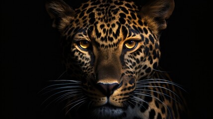 Portrait of a leopard on a black background. The look of a predator. A wild cat.