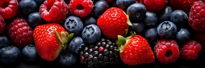 Delicious mixed berry medley background banner for beautiful fruit designs and culinary creations