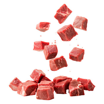 Falling meat beef cubes isolated on transparent background