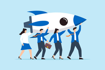 Obraz premium Business team collaborate to carry rocket for launch