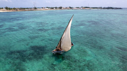 Drone shot of a Dhow boat in Mozambique - Africa