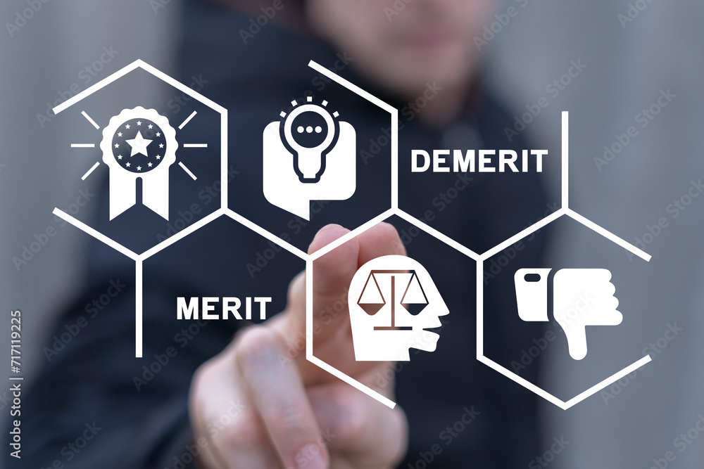 Poster man using virtual screen sees text: merit demerit. demerit and merit evaluation, advantage and disad