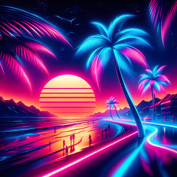 a visually stunning aesthetic beach synthwave retrowave wallpaper featuring a cool and vibrant neon design ,Generative Ai
