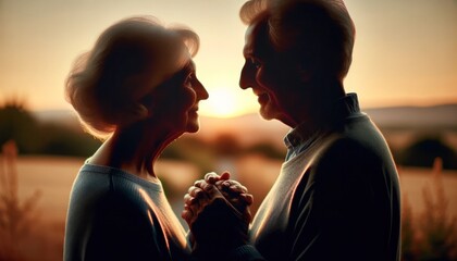 An elderly couple shares a loving gaze, silhouetted against the golden light of sunset, embodying enduring affection