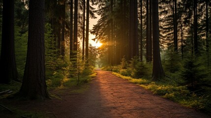 shot of an empty path in the forest with tall trees during the sunset