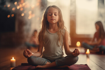 niña rubia practicando yoga haciendo la posición del loto, sobre suelo de madera, toalla y velas encendidas, sobre fondo de salón de yoga desenfocado y otras niñas practicando meditación - obrazy, fototapety, plakaty