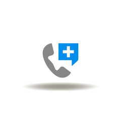 Vector illustration of handset and speech bubble with medical pharmacy cross. Icon of medicine pharmacy call center. Symbol of doctor consultation by phone. Sign of emergency hotline.