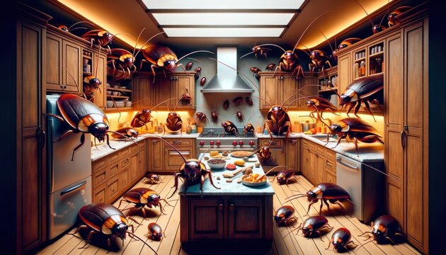 A vividly surreal kitchen scene swarmed by oversized cockroaches, combining elements of the ordinary and the fantastical