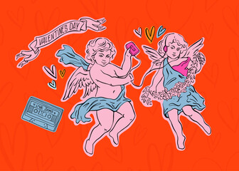 Valentine's Day Cupids listening to Music Hand Drawn Vector Illustration. Love cupids, cherubs listening to jove jams. Flying wings and flowers.