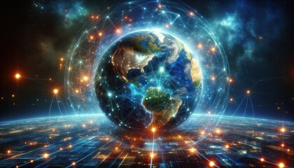 Obraz premium A photorealistic illustration showing Earth with glowing network connections encompassing it, set against a starry space background, symbolizing global connectivity and digital technology