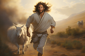 Jesus runs towards a lost lamb - obrazy, fototapety, plakaty