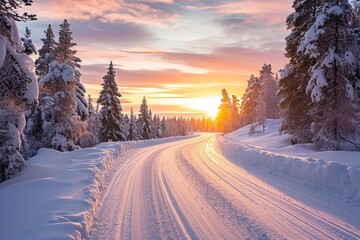 Sunset on a snow covered road in Finland