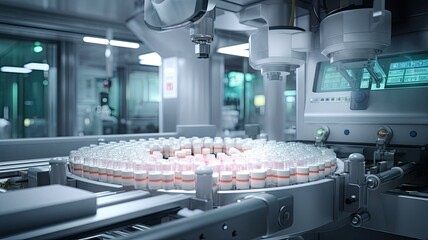 capsules on a conveyor belt within a modern pharmaceutical factory, showcasing the efficiency of the production process.