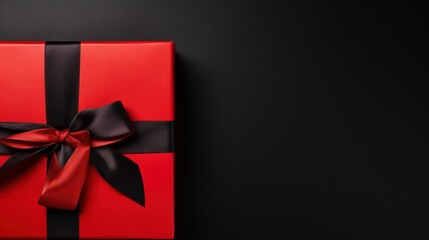 red gift box on black background, black ribbon, birthday , celebration, valentine card 