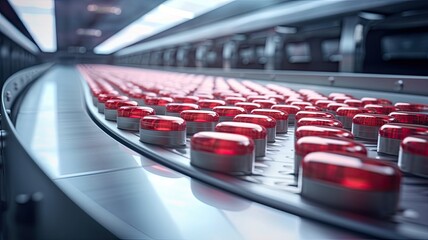 capsules on a conveyor belt within a modern pharmaceutical factory, showcasing the efficiency of the production process.