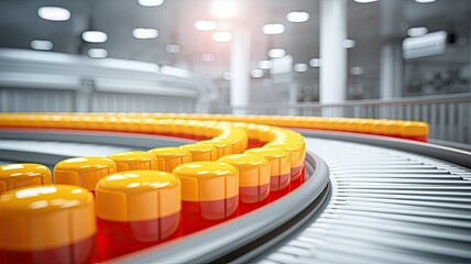capsules on a conveyor belt within a modern pharmaceutical factory, showcasing the efficiency of the production process.